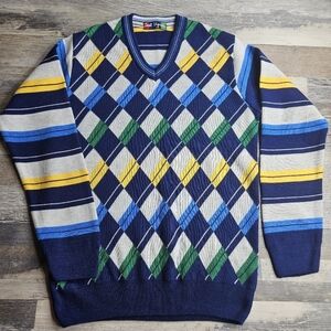 Vintage 90s Y2K Sweater Argyle Striped Blue Yellow White Medium